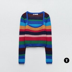Zara Women's Rainbow Stripe Crochet Knit Square Neck Sweater, Size S
